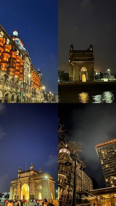 four different shots of buildings at night and in the day, with lights on them