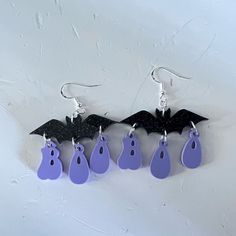 Handmade By Me Glitter Bats With Boo Dangles Acrylic Earrings On Sterling Silver Ear Wires Rasta Earrings, Creepy Earrings, Earring Making Supplies, Flower Earrings Gold, Silver Chandelier Earrings, Blue Crystal Earrings, Glass Drop Earrings, Halloween Bat, Dragonfly Earrings