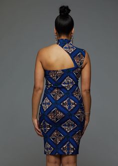 Style #1041BTD Our best-selling Amaka African print stretch dress in Blue Tan Diamonds is back! The mock neck and cut-out shoulder features of this bodycon dress will turn up the heat in this elegant print. Made from our stretchy and curve-hugging fabric, you'll look stunning in this dress when you strut your stuff at your next big event! *Colors may look slightly different depending on the fabric used for construction* Description Fitted Stretch Woven Dress Cut-Out Shoulder Mock Neck Hook and E Fitted Mini Dress With Cutaway Shoulders For Parties, Blue Fitted Bodycon Dress With Asymmetrical Neckline, Blue Stretch Dress With Asymmetrical Neckline, Fitted Dress With Cutaway Shoulders For Date Night, Blue Bodycon Dress With Asymmetrical Neckline For Night Out, Fitted High Neck Bodycon Dress With Back Zipper, Blue Stretch Mini Dress With Back Zipper, Blue Fitted Mini Dress With Asymmetrical Neckline, Blue Mini Dress With Asymmetrical Neckline And Fitted Style