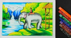 an elephant with a girl on its back and some crayons next to it