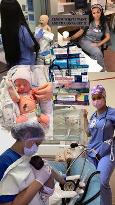 two women in scrubs and medical gowns are holding a baby while another woman holds a stethoscope