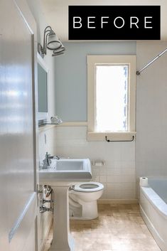 a bathroom that has a toilet, sink and bathtub in it with the words before above it