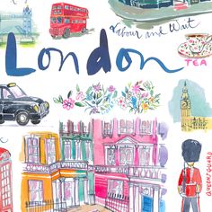 a drawing of london with the words london written in english and an image of a bus