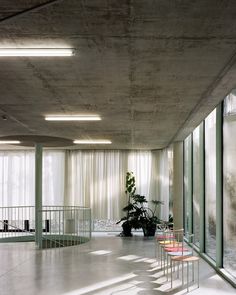 an empty room with chairs and plants in it