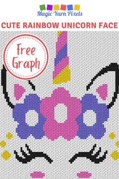 a cross stitch unicorn face with the text free graph on it's back side