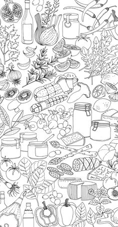 a coloring page with lots of different foods and vegetables on the top one is black and white