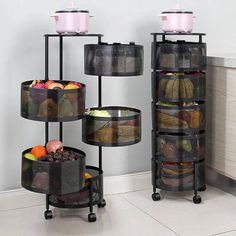 three tiered mesh storage baskets on wheels with fruits and vegetables in the bottom basket