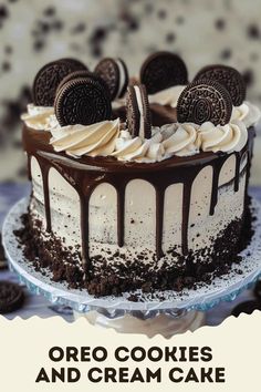 oreo cookies and cream cake on a plate with the words oreo cookies and cream cake