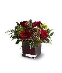 a vase filled with red flowers and pine cones