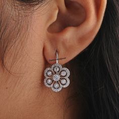 Floral Inspired Earrings, Lever Back Earrings, Round Diamond Engagement Earrings, Milgrain Bezel Set Earrings, 925 Silver Earrings For Women Item Description: All Stone: Lab Diamond Stone Shape: Round Cut Metal Customization: 1. White Gold: 10K/14K/18K 2. Yellow Gold: 10K/14K/18K 3. Rose Gold: 10K/14K/18K 4. Silver: Sterling Silver 925 Metal / Color / Purity Detailed Options:- 925 SL - 925 Sterling Silver W/G - White Gold Y/G - Yellow Gold R/G - Rose Gold CZ Diamond - Simulant Diamond * Main Sto Classic Silver Diamond Flower-shaped Earrings, Silver Diamond Flower Shaped Earrings, Silver Diamond Earrings In Flower Shape, Fine Jewelry Halo Design Drop Earrings, Elegant Flower Shaped Halo Earrings, Elegant Flower-shaped Halo Earrings, Fine Jewelry Diamond Earrings Flower Shape, Diamond Drop Flower Earrings, Silver Round Flower Earrings With Prong Setting