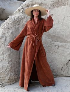 Shape - A modern take on a traditional design, the Kimono shape is an easy, relaxed fit with slightly dropped shoulders, open sleeves, and a border of fabric running the length of the open neckline. Belted – Ties attached at the side seams made from Lycra blended fabric for extra stretch. With Pockets – Two exterior patch pockets attached at the front of the garment. Great for keeping hands toasty warm and carrying the essentials Size - Order based on BUST measurement Fabric Shown - VELOUR Organ Fall Outerwear With Kimono Sleeves For Daywear, Brown Relaxed Fit Outerwear For Summer, Fall Kimono With Relaxed Fit For Loungewear, Long Sleeve Relaxed Fit Robe For Fall, Long Fall Kimono With Relaxed Fit, Fall Kimono With Relaxed Fit And Kimono Sleeves, Fall Long Relaxed Fit Kimono, Long Relaxed Fit Fall Kimono, Long Relaxed Fit Kimono For Fall