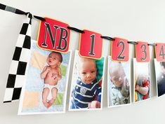 a number banner with photos hanging from it