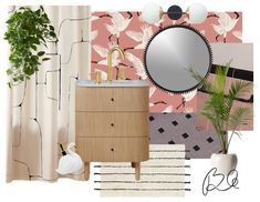 a bathroom with pink and white wallpaper, mirror, plant, rug and sink