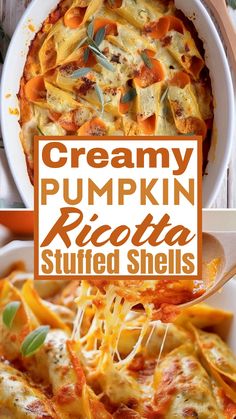 creamy pumpkin ricotta stuffed shells in a white casserole dish with text overlay