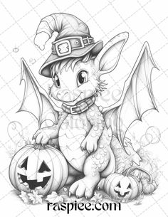 a cute little dragon with a hat and pumpkin