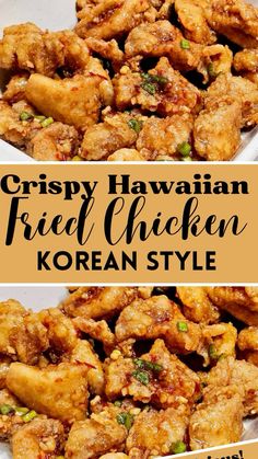 crispy hawaiian fried chicken in a white bowl with text overlay that reads crispy hawaiian fried chicken korean style