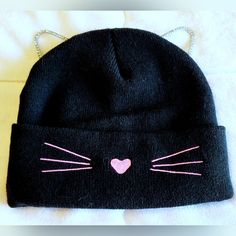 So Adorable And Super Soft. A Black Knit Ski Cap With Embroidered Pink Cat Whiskers And Nose And Delicate Rhinestone Cat Ears. Never Worn. Ski Cap, Cat Whiskers, American Girl Doll Crafts, Pink Cat, Doll Crafts, Black Knit, Cat Ears, American Girl Doll, Pink Ladies