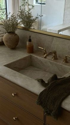 a bathroom sink sitting under a large mirror next to a window with plants in it