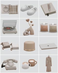 various items are arranged in the shape of squares and rectangles, including an open book, candle, teapot, coffee cup, phone, candles, napkins, pillow, mug