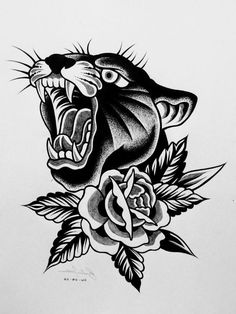 a black and white drawing of a cat with roses on it's chest, showing its teeth