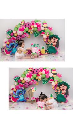 two photos of children in front of a birthday cake and balloon arch with the number one on it