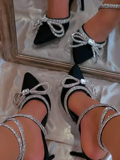 DETAILS Rhinestone Bowknot Ankle Strap Pointed toe Heels Aesthetic, Heels Classy, Fancy Shoes