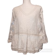 Ultra Pink Vintage Lace Tunic Top. Features 3/4 Bell Sleeves. Nwt Color: Ivory Material: 100% Cotton Front & Back - 100% Nylon Sleeves - 100% Cotton Embroidery Pit To Pit: 21" Length: 23" Smoke-Free Pet-Free Environment. All Measurements Are Approximate. Spring Beige Stretch Blouse, Beige Stretch Blouse For Spring, Cream Stretch Blouse For Spring, Stretch Beige Blouse For Spring, Spring Cream Cotton Lace Top, Cream Cotton Lace Top For Spring, Beige Lace Tops For Spring, Beige Casual V-neck Lace Top, Casual Beige Lace Top, V-neck