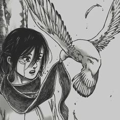 a drawing of a girl with an eagle on her shoulder and another bird in the background