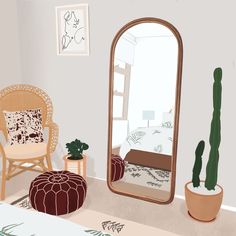 a room with a chair, mirror and potted cactus on the floor in front of it