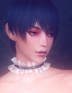 an animated image of a woman with black hair and bangs, wearing a choker