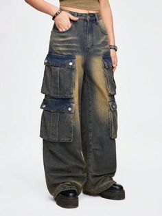 Women Casual Y2K Loose Cargo Boy Friend Jeans, Suitable For Spring/Summer, School Multicolor    Denim Plain Wide Leg Non-Stretch  Women Clothing, size features are:Bust: ,Length: ,Sleeve Length: Sweden Clothes, Baggy Streetwear Women, Baggy Clothing, Punk Jeans, Estilo Harajuku, Punk Women, Y2k Casual, Funky Outfits, Dark Outfits