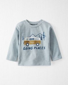 Grey Baby Organic Cotton Going Places T-Shirt | carters.com Gray Soft-washed Graphic Tee, Basic Organic Cotton T-shirt With Graphic Print, Soft-washed Organic Cotton T-shirt For Loungewear, Soft-washed Organic Cotton T-shirt, Soft Organic Cotton Tops For Fall, Soft-washed Organic Cotton Tops For Fall, Gray Cotton Slogan Top, Basic Gray Tops With Graphic Print, Organic Cotton Long Sleeve T-shirt For Spring