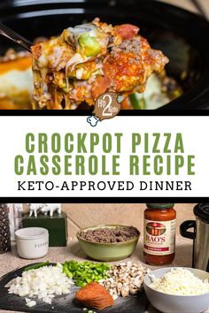 crockpot pizza casserole recipe with keto - approved dinner ingredients on the side