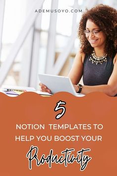 a woman sitting at a table using a laptop computer with the words, 5 nation templates to help you booster your productivity