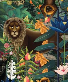 a painting of a lion surrounded by tropical plants and flowers with other animals in the background