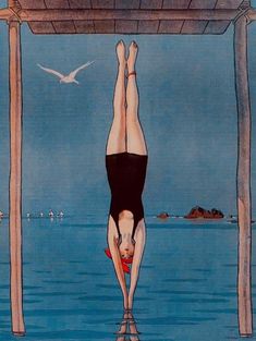 a painting of a person doing a handstand in the water under a dock