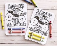 two monster trucks birthday cards with crayons and markers