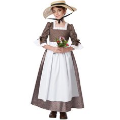 Instantly transport to the colonial days with this American Colonial Dress Costume for girls. This historical costume includes a brown floral dress with white ruffled square neckline and flared sleeves with ribbon bow accents and a white apron. This sweet costume is perfect for school projects, plays, or any other project. Helen Keller Costume, Diy Colonial Costume Women, Colonial Dress American, Colonial Dresses For Kids, 1700s Colonial Dress, Colonial Dress Pattern, California Costumes, Colonial Dress, White Apron