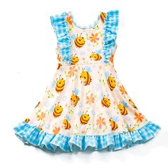 This bee & gingham printed dress is made of 95% polyester and 5% spandex, offering a comfortable and flexible fit for your little girl. The ruffle hem adds a playful touch to the classic design. Perfect for any occasion. Happy Dresses, Teal Dress, Bee Happy, Gingham Print, Cats Meow, Printed Dress, Ruffle Hem, Hair Bow, Hair Bows