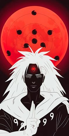 an anime character with long white hair and red eyes pointing at the moon behind him