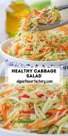 two bowls filled with coleslaw, carrots and cabbage salad