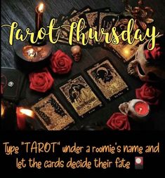 tarot friday card with candles and roses on the table next to it is an image of