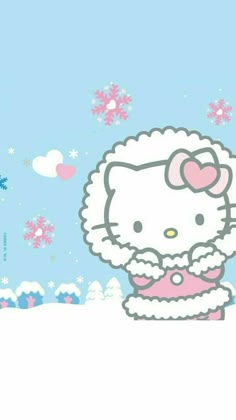 a hello kitty wallpaper with snow and pink bows on it's head, standing in the snow