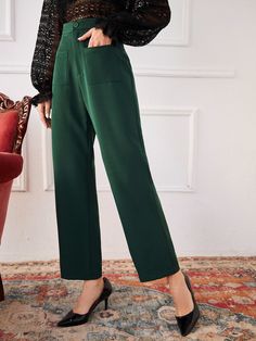 Formal Green Straight Leg Pants, Dark Green Pants Outfit Aesthetic, Dark Green Pants Women, Elegant Green Solid Color Pants, Autumn Color Palette Fashion