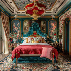 an ornate bedroom with blue walls and red bedding