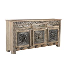 an ornately carved sideboard with four doors and two drawers, on white background