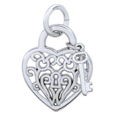 Rembrandt Heart Lock with Key Charm, Sterling Silver - Precious Accents Symbolic Heart-shaped Charms Jewelry, Symbolic Heart-shaped Jewelry With Charms, Elegant Engraved Heart Pendant Charms, Valentine's Day Heart Charm Bracelet With Heart Pendant, Heart Charm Bracelet For Anniversary, Anniversary Heart Pendant Charm Bracelet, Elegant Nickel Free Heart Charms, Elegant Nickel-free Heart Charms, Heart-shaped Engraved Charm Bracelet