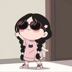 a cartoon girl wearing sunglasses and standing in front of a door