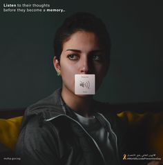 a woman with an ad on her face that says listen to their thoughts before they become a memory