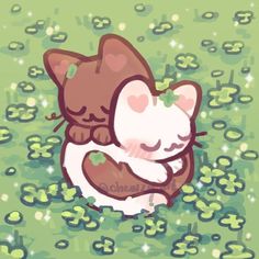 a cat is hugging another cat in the grass with lily pads on it's back